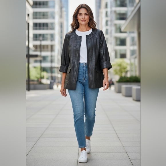 Jackets & Blazers - Susan Graver Womans Zipper Front Casual Lined Jacket Black On Black Print MED